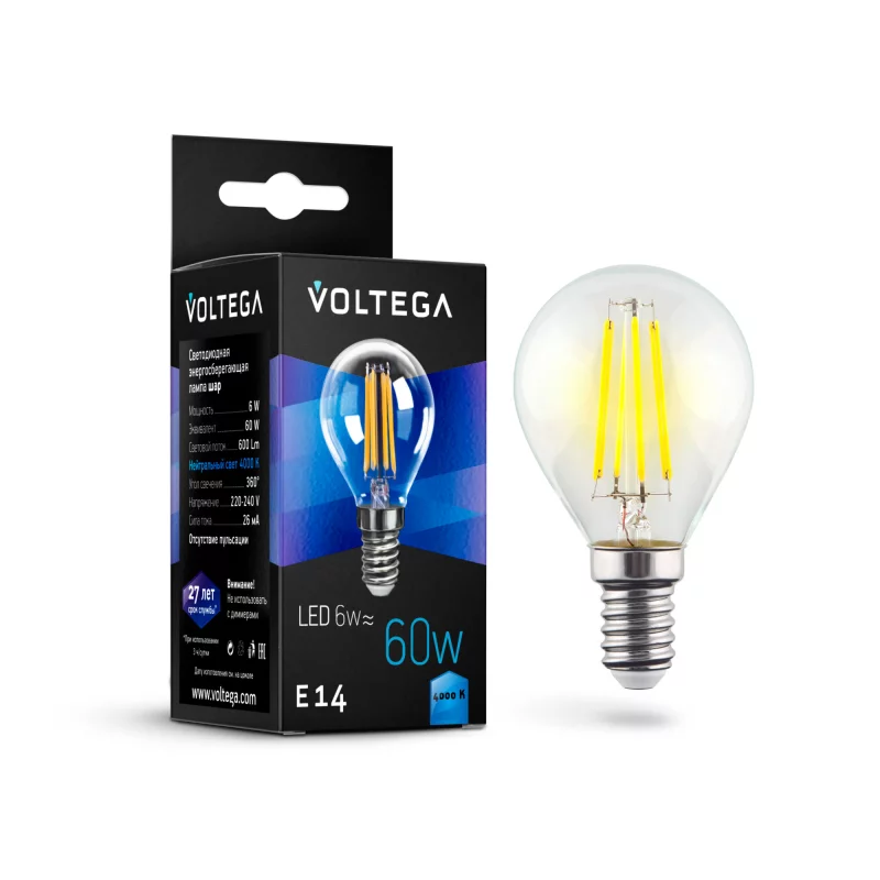 Светодиодная лампа Voltega Crystal Шар E14 6Вт 4000K Voltega — изображение 2